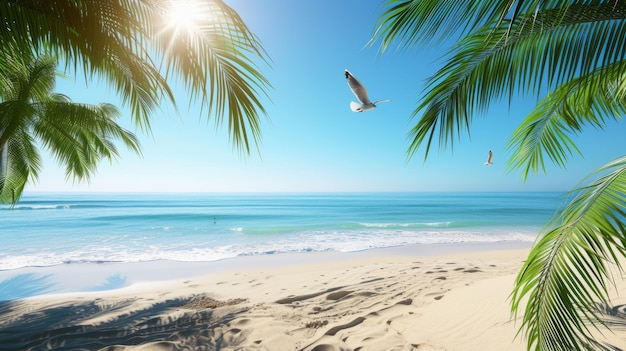 Praia com palmeiras e gaivotas voadoras