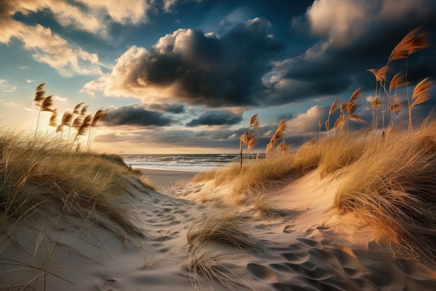 Praia da Hora de Ouro com Dunas de Areia e Nuvens Leves Gerada pela IA