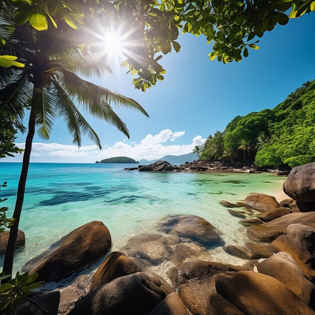 Foto praia da serenidade à beira-mar, cercada por rochas marinhas e vegetação sob o sol