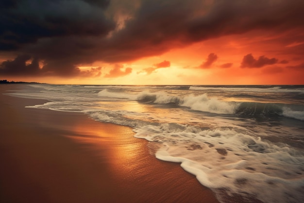 Praia de areia ao longo de um oceano ao nascer do sol com nuvens escuras de gerador de IA vermelho e laranja