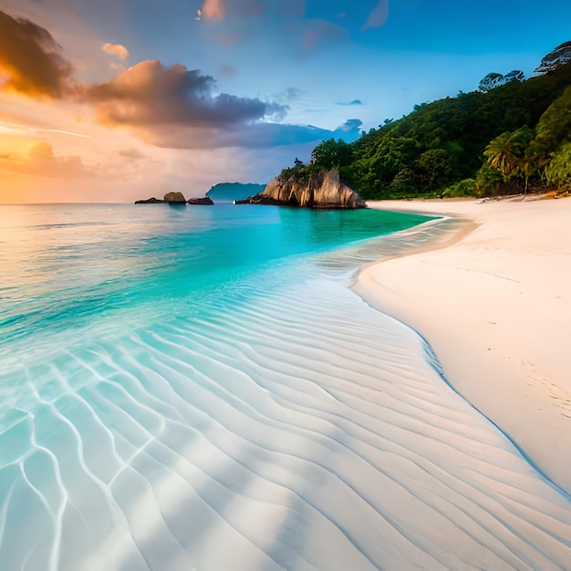 Praia de areia branca com água azul clara