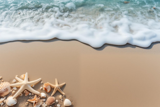 Praia de areia branca com conchas, estrelas de mar e ondas do oceano com espaço de cópia