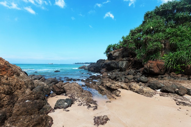 Praia de areia branca e céu azul