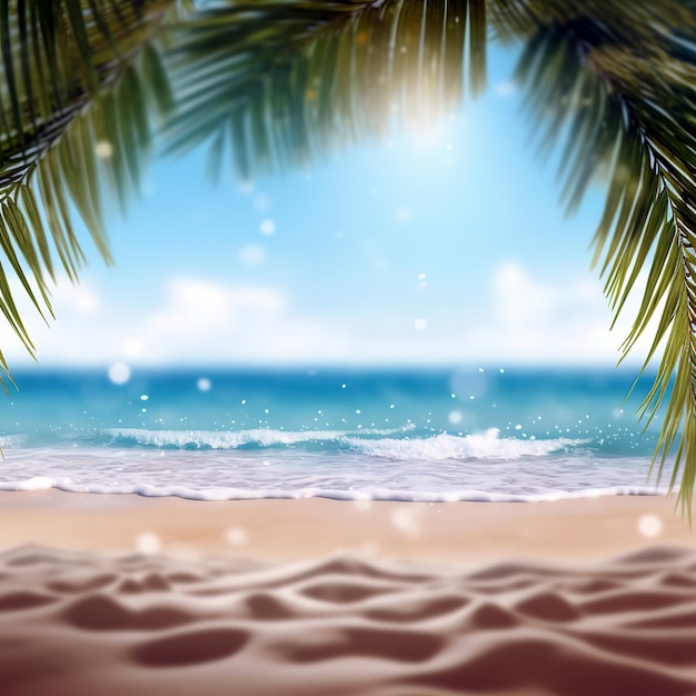 Praia de areia com folhas de palmeira com fundo desfocado do mar