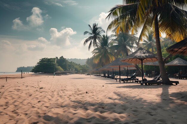 Praia de areia com palmeiras e guarda-chuvas