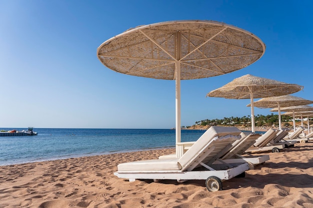 Praia de areia de luxo com cadeiras de praia e guarda-chuvas de palha branca em resort tropical na costa do mar vermelho no egito áfrica