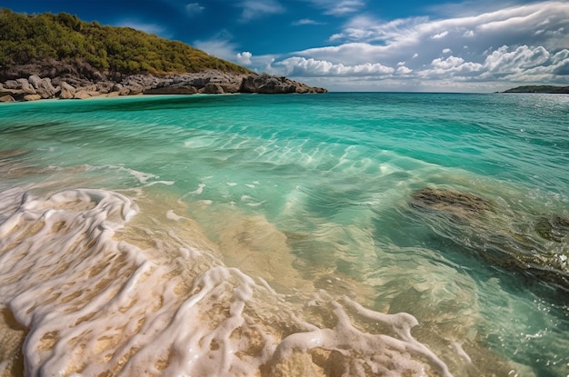 Praia de areia de rocha selvagem intocada generativa com oceano azul