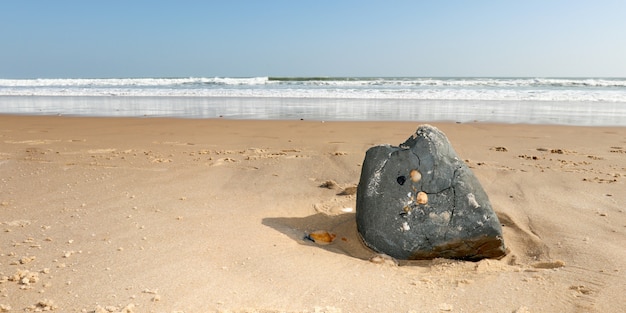 Praia de areia de verão e céu azul com pedras