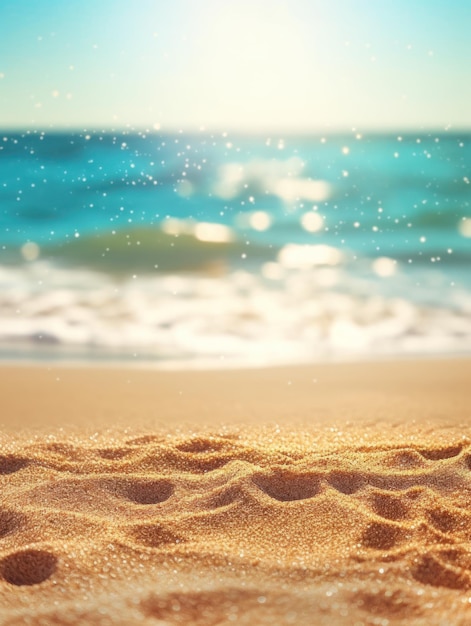Praia de areia de verão tropical e luz do sol bokeh no fundo do mar Generative AI