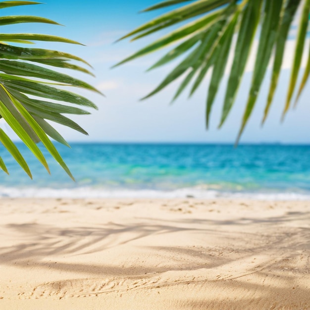 Foto praia de areia fotográfica com folhas de palmeira com fundo de mar desfocado