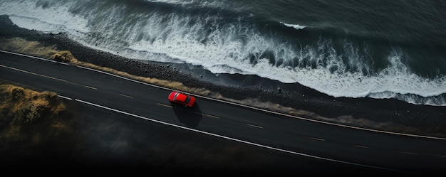 Praia de areia preta com carro vermelho na estrada panorama aéreo Generative Ai