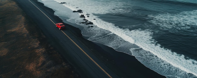 Praia de areia preta com estrada e carro vermelho no panorama de férias de viagem Generative Ai