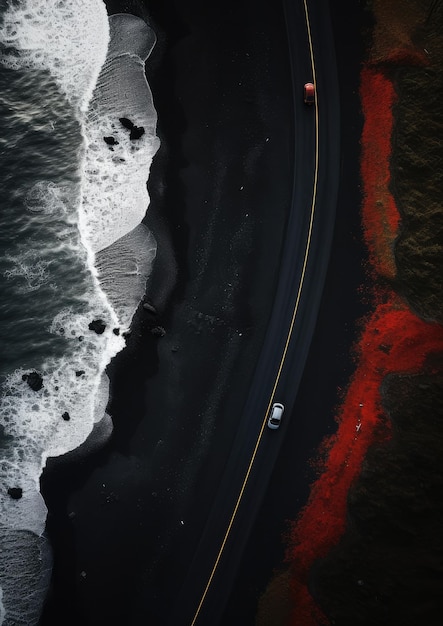 Praia de areia preta com estrada e carro vermelho no papel de parede de férias de viagem Generative Ai