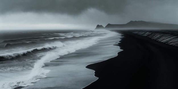 Praia de areia preta O céu é um tom sombrio de cinza criando um