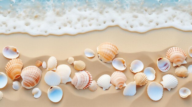 Praia de areia salpicada de conchas delicadas gerada por ia