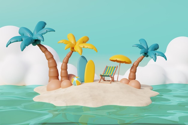 Praia de areia tropical de verão 3d em um dia ensolarado com coqueiro de guarda-chuva de cadeira de praia e renderização em 3d de elementos de verão