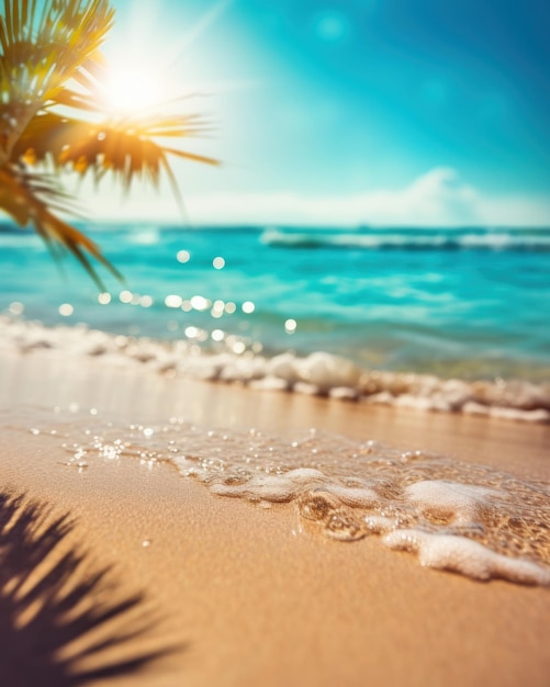 Praia de areia tropical de verão e luz do sol bokeh no fundo do mar IA generativa