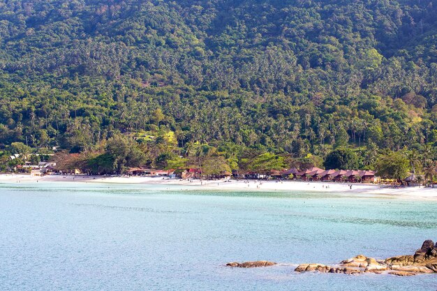 Praia de areia tropical, palmeiras de coco e água do mar na ilha de Koh Phangan, na Tailândia. A ilha de Ko Phangan é um dos destinos mais populares para os turistas.