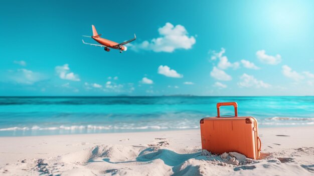 Praia de avião com uma mala na areia