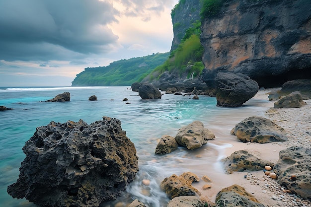 Praia de Bali com costa rochosa capturada em estilo artístico