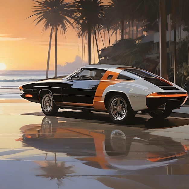 Praia de carros e pôr-do-sol perto de Syd Mead AI