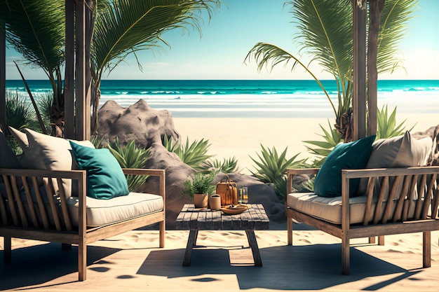Praia de luxo com lounge chillout para descanso próximo à beira-mar sob as palmeiras Arte gerada pela rede neural
