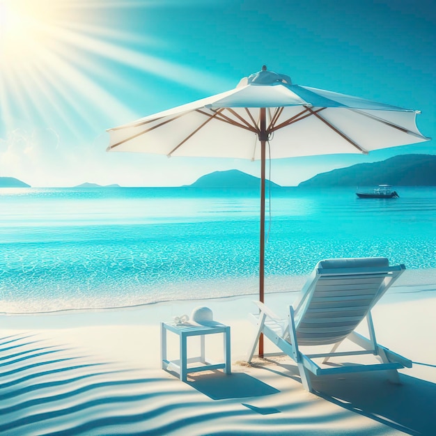 praia de mar azul brilhante com guarda-chuva branco e cadeira de praia para relaxar no verão em um dia ensolarado