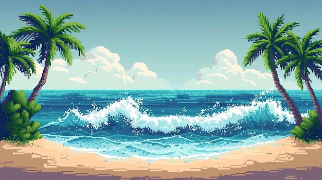 Praia de pixel com palmeiras Estilo areia mar sol bronzeado relaxamento guarda-chuva fato de banho calor água de verão seixos de sol generado por AI