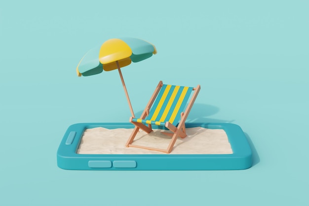 Praia de verão 3d em Smartphone com guarda-chuva de cadeira de praia e elementos de verão Férias de verão renderização em 3d