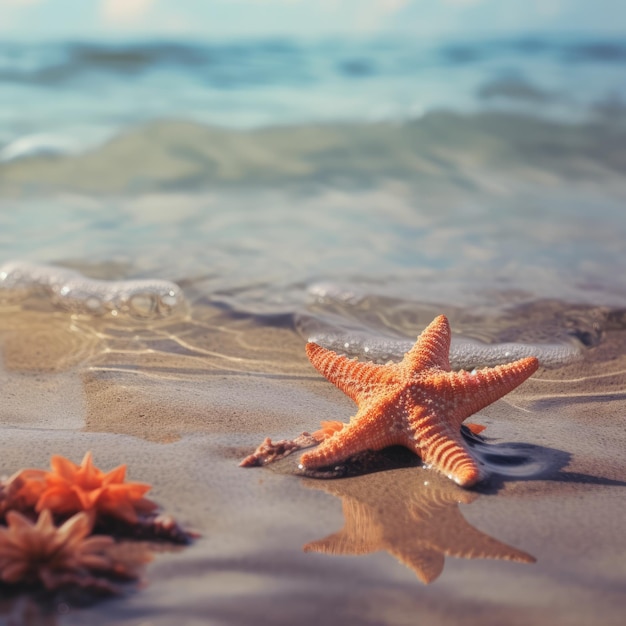 Praia de verão à beira-mar com conchas de estrelas do mar coral na areia generativa ai