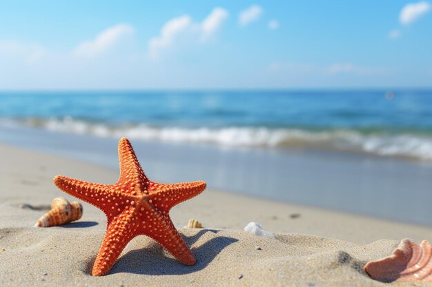 Praia de verão à beira-mar com estrelas-do-mar