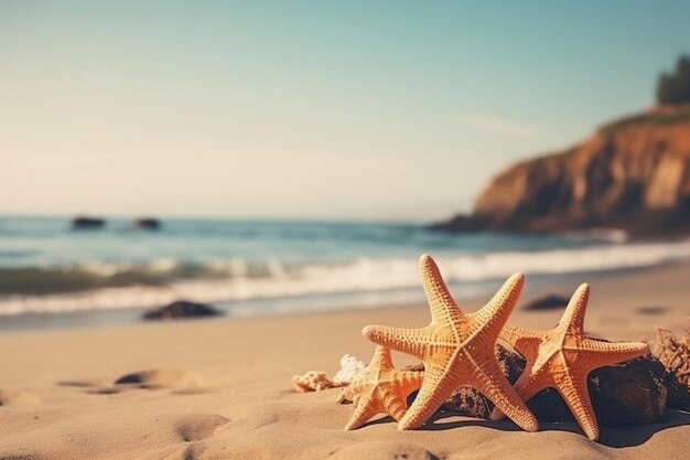 Praia de verão à beira-mar com estrelas-do-mar