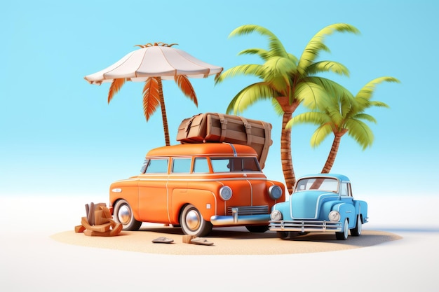 praia de verão com acessório de viagem 3d render mala ilustração 3d