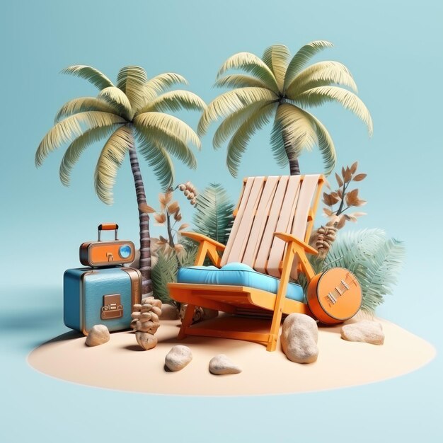 praia de verão com acessório de viagem 3d render mala ilustração 3d