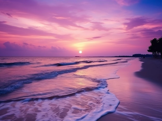 Praia de verão com água azul e céu roxo ao pôr do sol