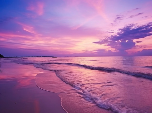 Praia de verão com água azul e céu roxo ao pôr do sol