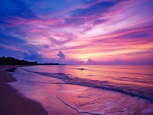 Praia de verão com água azul e céu roxo ao pôr do sol