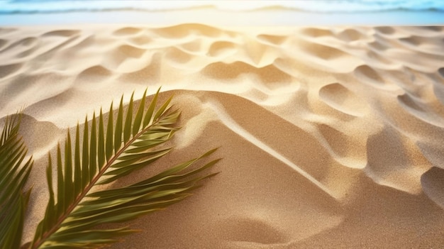 Praia de verão com areia e folhas de palmeira