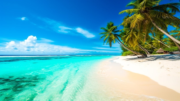 Praia de verão tropical com água turquesa e céu azul