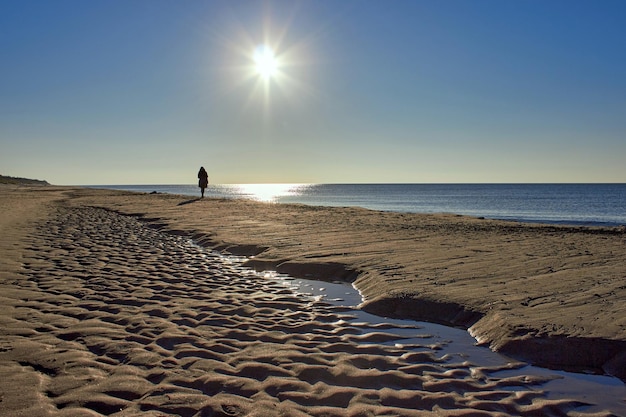 Praia deserta do mar com areia molhada após uma tempestade e uma silhueta feminina solitária