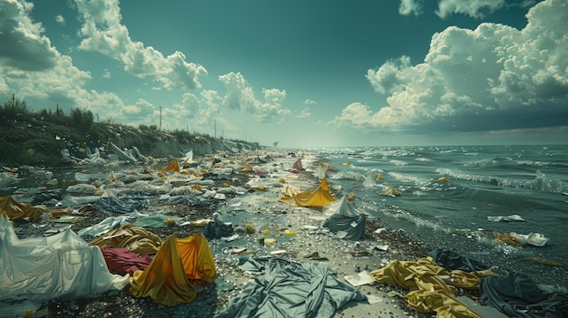 Praia desolada coberta de roupas descartadas revelando o impacto do fashi rápido