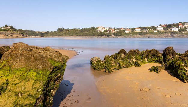 Praia do mar cantábrico no meio da natureza com o mar entrando na costa e rocha erodida em primeiro plano