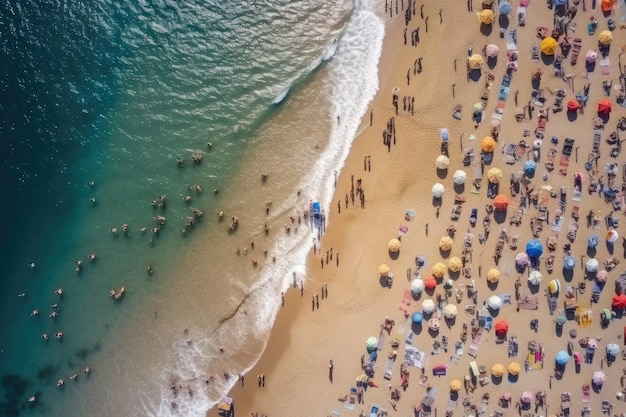 Praia do mar com guarda-chuvas coloridos e vista superior de pessoas relaxantes Generative AI