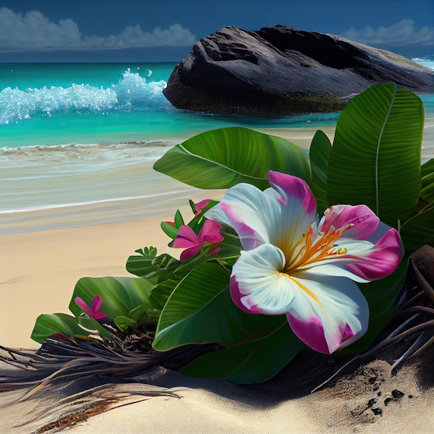 Praia do Paraíso, Areia Branca Plumeria, Onda do Oceano, Praia Exótica, Hibisco, Resumo Generativo, Ilustração AI