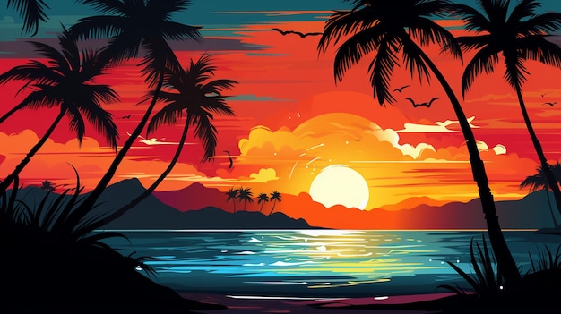 praia do por do sol do verão do vetor com fundo do vetor da palma