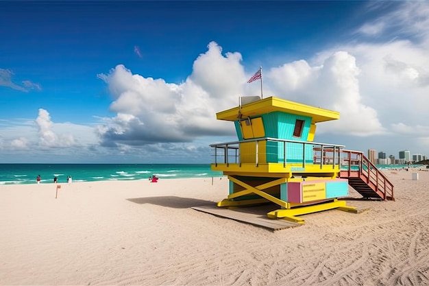 Praia ensolarada de verão com ilha de férias tropical de cabine