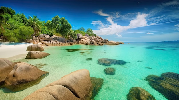 Praia ensolarada de verão com palmeiras