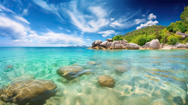 Praia ensolarada de verão com palmeiras