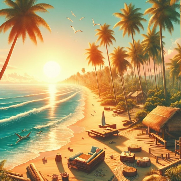 Praia ensolarada e paisagem de palmeiras