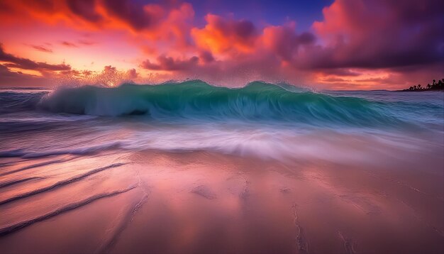 Praia fantástica pôr-do-sol colorido sobre o oceano paisagem marítima mágica cobertura de nuvens com estrelas